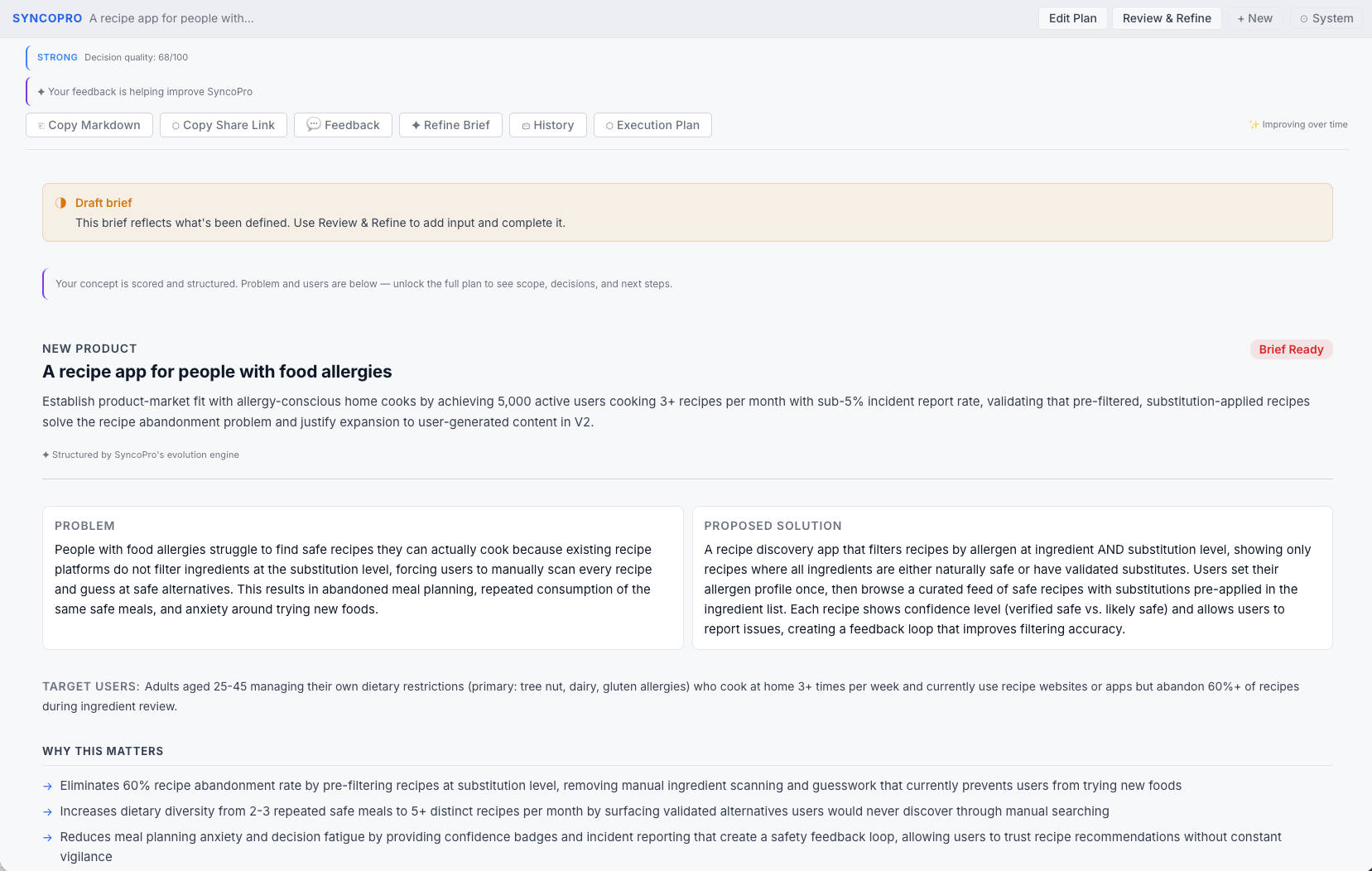 SyncoPro generating structured product decision output